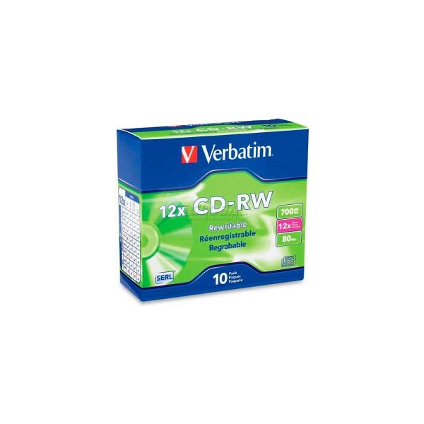 Verbatim Americas Verbatim CD-RW Discs, 95156, 4-12X, 700MB/80Min, Slim Case, 10/Pk, Silver - 95156