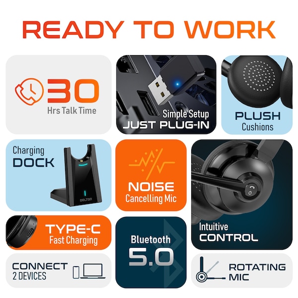 Delton 30X Wireless Computer  Headset Bluetooth Headphones with Noise Cancelling Mic Dock Auto-Pairing USB - DBTHEAD35XBTDL