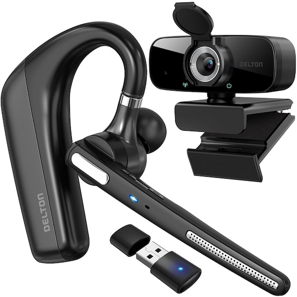 Delton 90X Ultralight Executive Wireless Earbud Bluetooth Computer Headset w/ Case/Stand, Auto-Pairing USB - DBTHEAD90XBNDL
