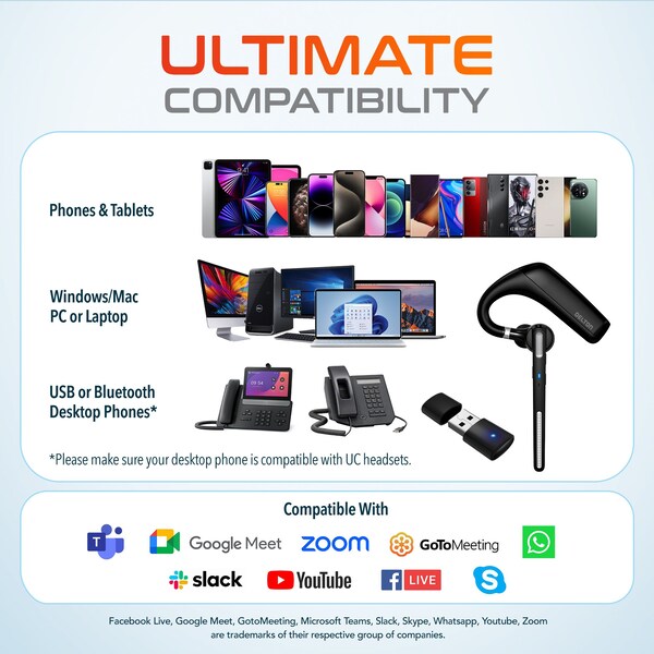 Delton 90X Ultralight Executive Wireless Earbud Bluetooth Computer Headset w/ Case/Stand, Auto-Pairing USB - DBTHEAD90XBNDL
