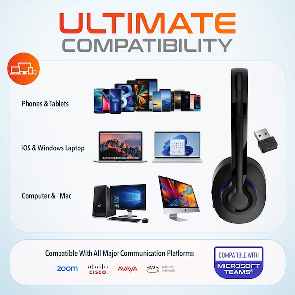 Delton 60X Wireless Bluetooth Over The Head Noise Canceling Stereo Computer Headset Auto-Pair USB - DBTHEAD60XBTDL