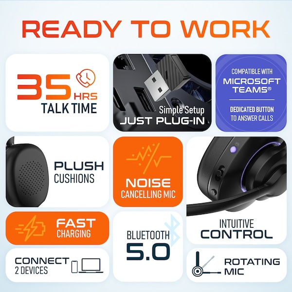 Delton 60X Wireless Bluetooth Over The Head Noise Canceling Stereo Computer Headset Auto-Pair USB - DBTHEAD60XBTDL