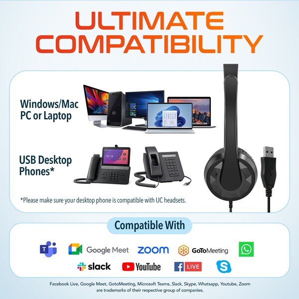 Delton 12Y USB Computer Headset w/ Microphone, Noise Isolating Headphones, In-Line Volume Control - DWH12Y