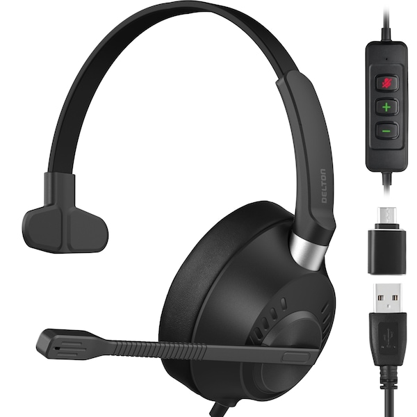 Delton Noise-Canceling Mono Over-the-Ear Headset, USB Type-A - Black - 40Y