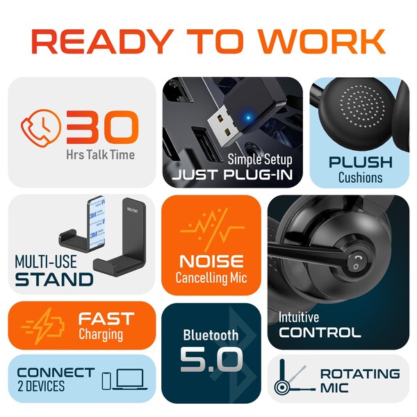 Delton 30X Wireless Computer Headset Bluetooth Headphones with Noise Cancelling Mic, Auto-Pairing USB - DBTHEAD30XBTDLHSAS1