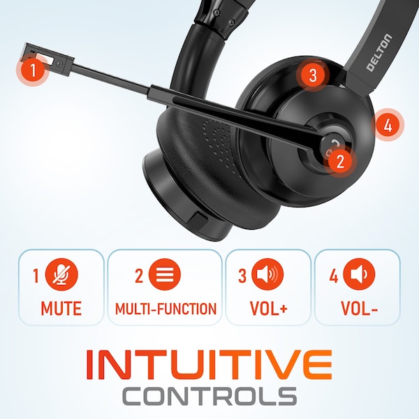 Delton 30X Wireless Computer Headset Bluetooth Headphones with Noise Cancelling Mic, Auto-Pairing USB - DBTHEAD30XBTDLHSAS1