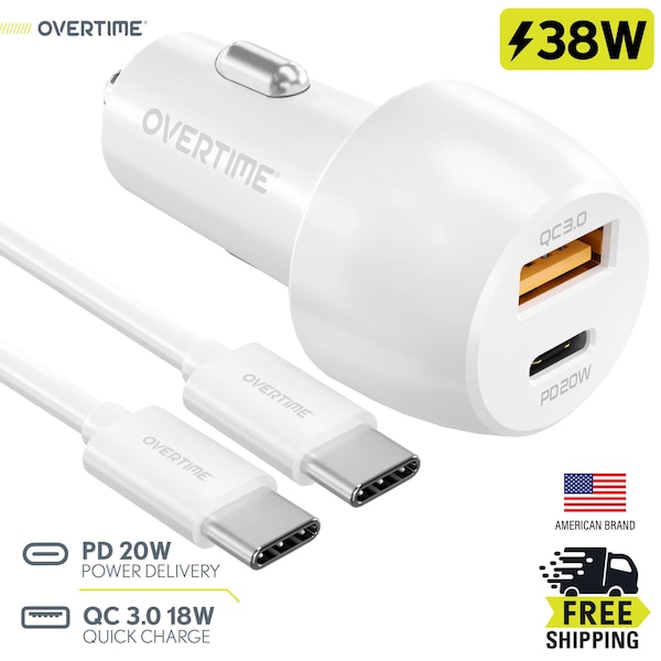 Overtime USBC PD38 Car Charger and 6ft USBC-USBC Cable - OTC2PD6TC