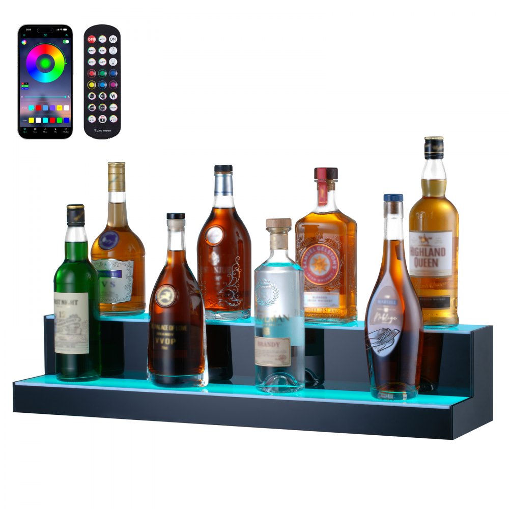 VEVOR LED Lighted Liquor Bottle Display, 2 Tiers 30 Inches, Illuminated Home Bar Shelf with RF Remote & App Control 7 Static Colors 1-4 H Timing, Acrylic Drinks Lighting Shelf for Holding 16 Bottles - ZTXJPLED230RFHXG3V1