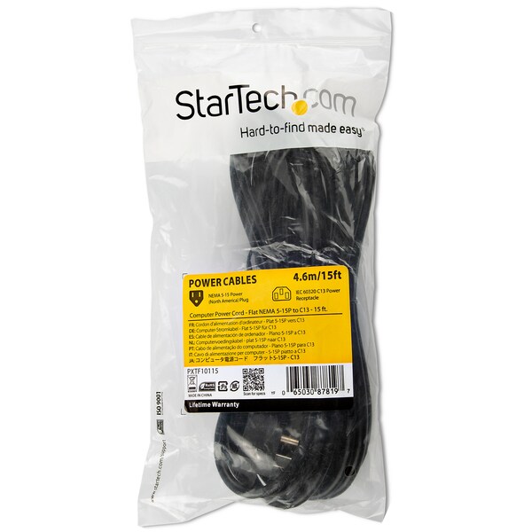 Startech.Com 15ft Power Cord - Flat NEMA 5-15P to C13 - PXTF10115