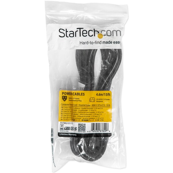 Startech.Com 15ft Hospital-Grade Power Cord - NEMA 5-15P to C13 - PXTMG10115