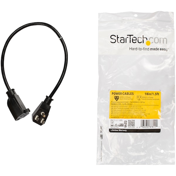 Startech.Com 1.5ft 18in Power Extension Cord - Flat NEMA 5-15P to 5-15R - PACF10118IN