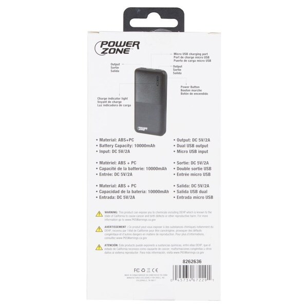 Powerzone Power Bank, 10000 mAh Capacity, Black - S80