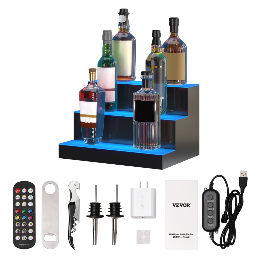 VEVOR LED Lighted Liquor Bottle Display Bar Shelf RF & App Control 16" 3-Step - ZTXJPLED316RFJWERV1