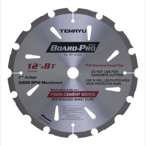 Tenryu 12in Board Pro Plus Fiber Cement Blade 8T 1in Arbor - BP-30508