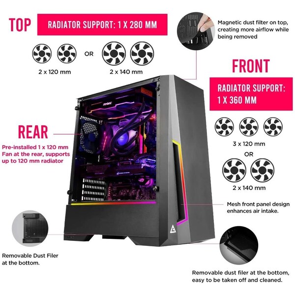 Antec Dark Phantom ATX Mid Tower Gaming Case/ARGB Motherboard Sync/Tempered Glass - DP501