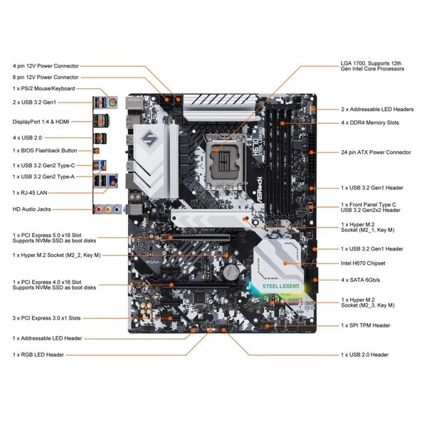 Asrock LGA 1700 Intel H670 SATA Steel 6Gbs DDR4 ATX Motherboard - H670 STEEL LEGEND