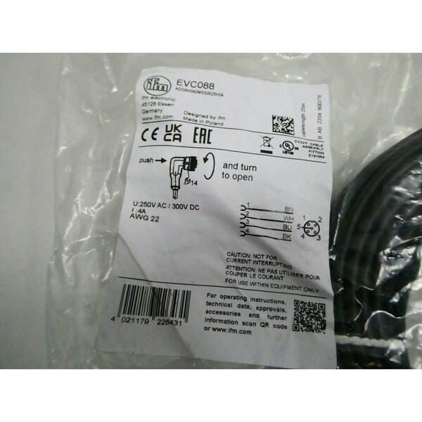 CORDSET CABLE Ifm 25M 250V-AC 300V-DC - EVC088 ADOAH040MSS0025H04