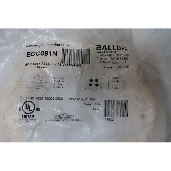 CABLE CONECTOR Balluff 300V-AC 300V-DC - CABLE DE CORDÓN - BCC A314-A314-30-304-VX44W6-050