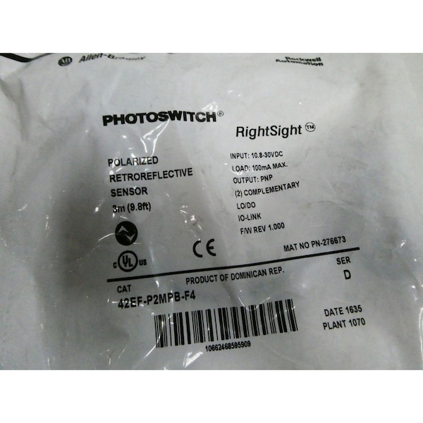 Allen Bradley Sensor Fotoeléctrico RIGHTSIGHT 10.8-30V-DC - 42EF-P2MPB-F4