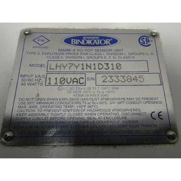 Bindicator LH7Y1N1D310 MARK 4 YO-YO INDICADOR DE NIVEL DE MATERIAL SECO A GRANEL 110V-AC OTROS SENSORES DE NIVEL Y TRANSMISORES - LHY7Y1N1D310