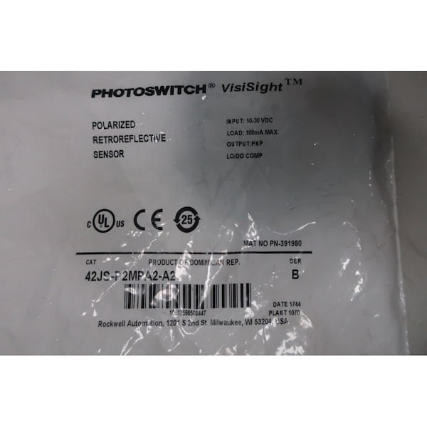 Allen Bradley VISISIGHT PHOTOSWITCH SENSOR RETRORREFLECTANTE 10-30V-DC SENSOR FOTOELÉCTRICO - 42JS-P2MPA2-A2