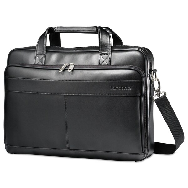 Samsonite Leather Slim Brief, Fits Devices Up to 15.6 in., Genuine Leather, 15.75 x 2.5 x 11.75, Black - 48073-1041
