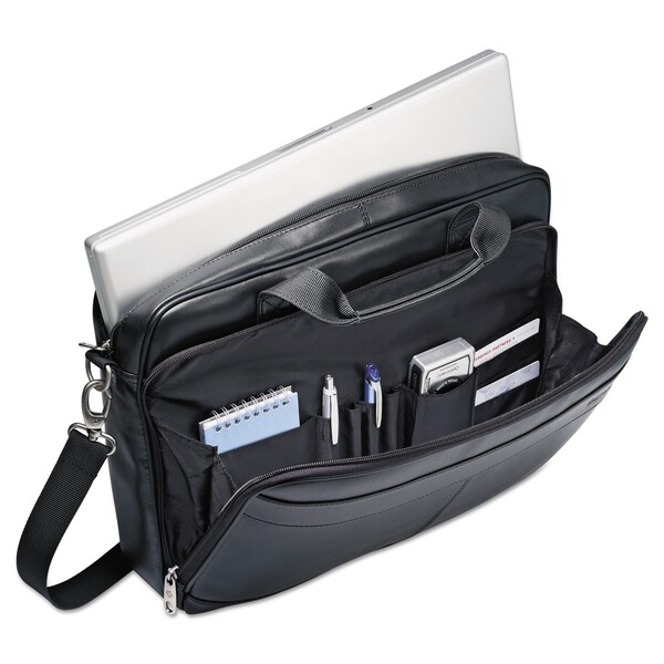 Samsonite Leather Slim Brief, Fits Devices Up to 15.6 in., Genuine Leather, 15.75 x 2.5 x 11.75, Black - 48073-1041