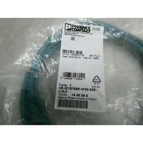 Phoenix Contact RED CAT5 NETWORK CABLE 2M CORDSET CABLE - VS-M12FSBP-IP20-93E-LI/2,0 1406085