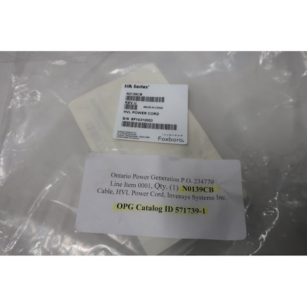 SERIE Foxboro I/A CABLE DE ALIMENTACIÓN HVL CORDSET - N0139CB