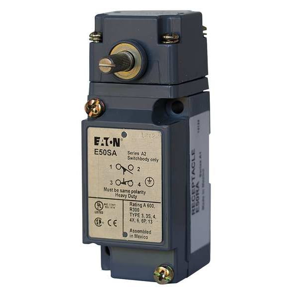 Interruptor de Límite de Trabajo Pesado Eaton, Sin Palanca, Rotatorio, 1NC/1NO, 10A @ 600V AC, Ubicación del Actuador: Lateral - E50AR1