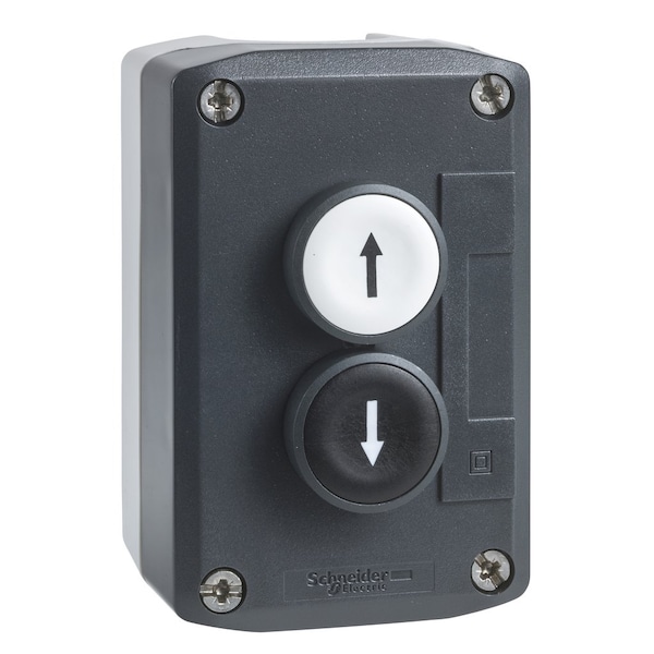 Estación de control Schneider Electric, Harmony XALD, XALK, plástico, tapa gris oscuro, 2 botones de presión planos de 22mm, marcados con FLECHA HACIA ARRIBA FLECHA HACIA ABAJO, 2NO - XALD222.