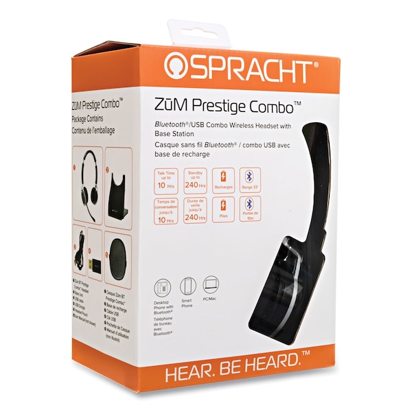 Spracht ZuM BT Prestige Headset w/USB Dongle, Binaural, Over-the-Head, Black - ZUMBTP-410
