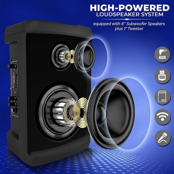 Pyle 8’’ Wireless Portable PA Speaker - Portable PA & Karaoke Party Audio Speaker with Built-in Rechargea - PPHP874B