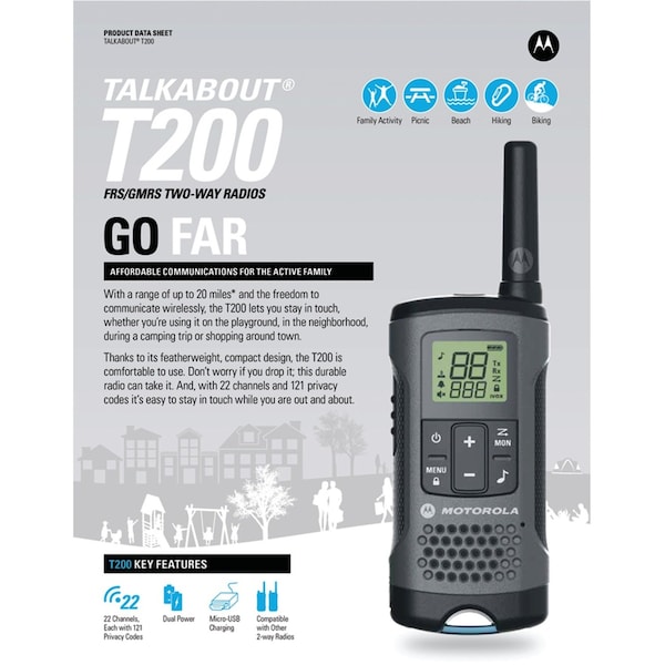 Motorola Two Way Radio, Gray, NiMh or Alkaline, PK3 - T200TP