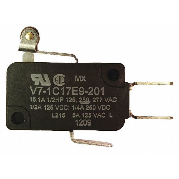 Interruptor de acción rápida en miniatura Honeywell, palanca, rodillo, actuador corto, SPDT, calificación de contacto de 15A @ 240V AC - V7-1C17E9-201.