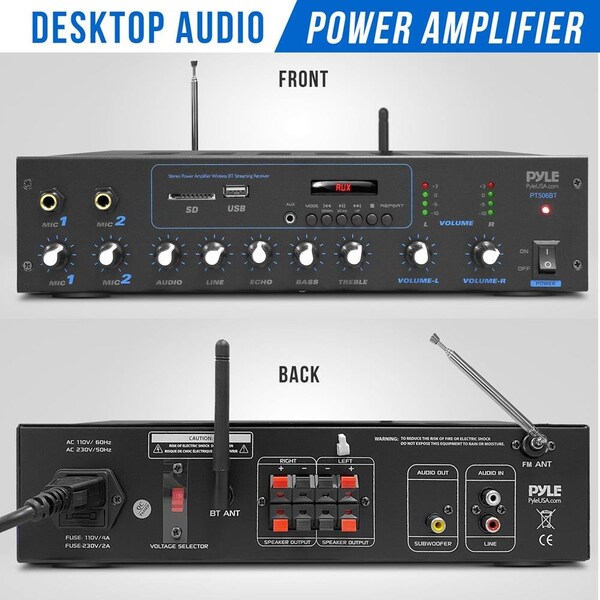 Pyle Desktop Audio Power Amplifier - Bluetooth Stereo Receiver System, FM Radio, Microphone Inputs, MP3/U - PT506BT.5