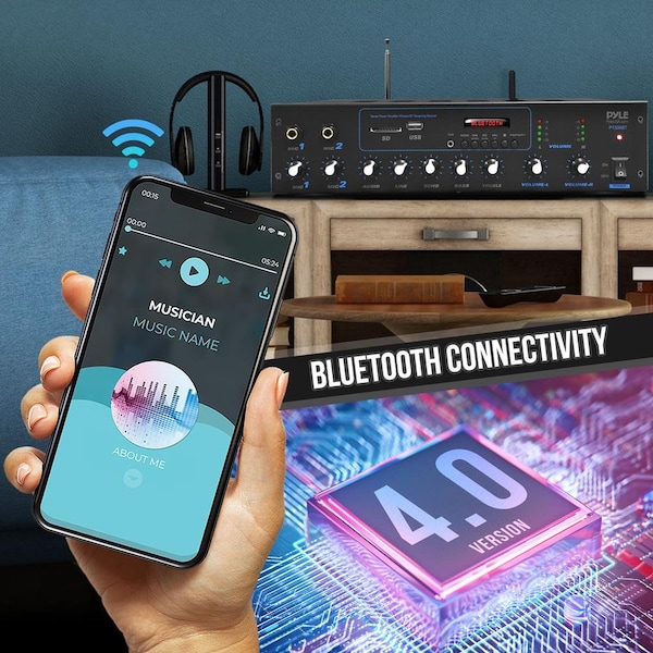 Pyle Desktop Audio Power Amplifier - Bluetooth Stereo Receiver System, FM Radio, Microphone Inputs, MP3/U - PT506BT.5