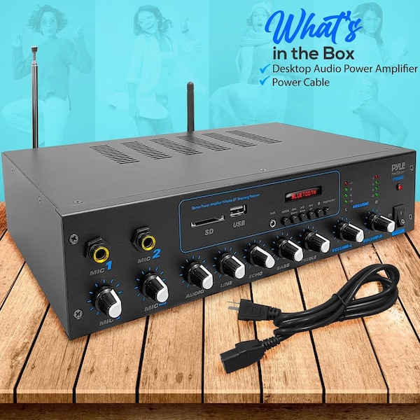 Pyle Desktop Audio Power Amplifier - Bluetooth Stereo Receiver System, FM Radio, Microphone Inputs, MP3/U - PT506BT.5
