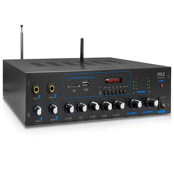 Pyle Desktop Audio Power Amplifier - Bluetooth Stereo Receiver System, FM Radio, Microphone Inputs, MP3/U - PT506BT.5