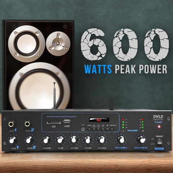 Pyle Desktop Audio Power Amplifier - Bluetooth Stereo Receiver System, FM Radio, Microphone Inputs, MP3/U - PT506BT.5