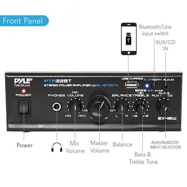 Pyle Mini Amplifier With Bluetooth, PTA22BT - PTA22BT