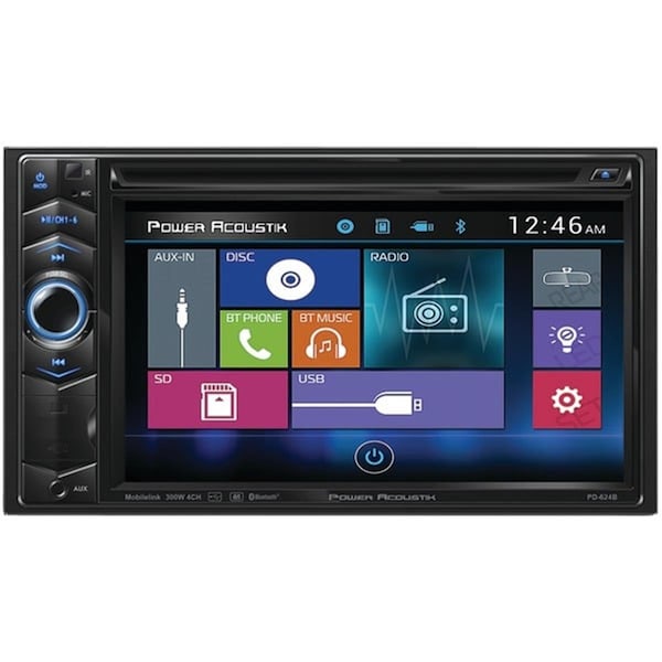 Power Acoustik PD-624B Double-DIN In-Dash LCD Touchscreen DVD Receiver with Bluetooth, Black - 6.2 in. - PO392277