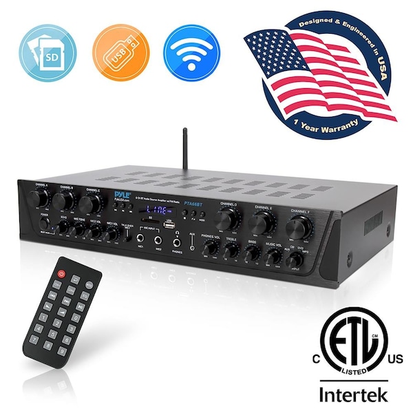 Pyle Bluetooth Audio Power Amplifier - 6-Ch Desktop Stereo Receiver System with FM Radio, MP3/USB/SD/AUX - PTA66BT.5