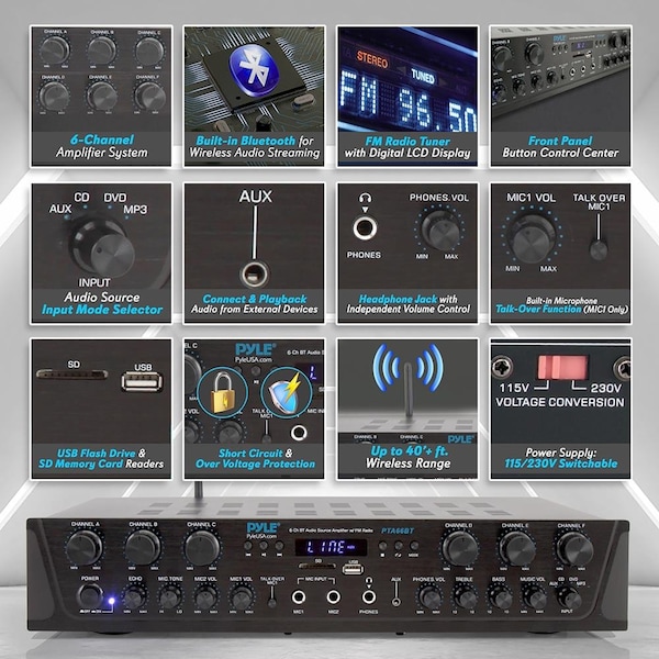 Pyle Bluetooth Audio Power Amplifier - 6-Ch Desktop Stereo Receiver System with FM Radio, MP3/USB/SD/AUX - PTA66BT.5
