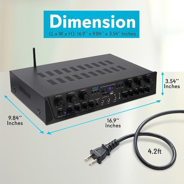 Pyle Bluetooth Audio Power Amplifier - 6-Ch Desktop Stereo Receiver System with FM Radio, MP3/USB/SD/AUX - PTA66BT.5