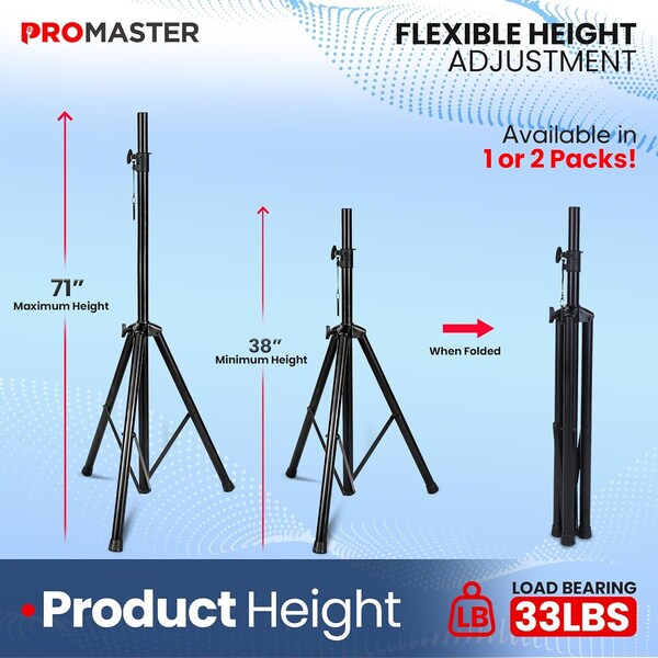 Promaster Adjustable Tripod PA Speaker Stands Pair with Carry Bag, Tall, for DJs and Musicians - PRMSSTAN22