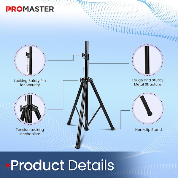 Promaster Tripod Speaker Stand, Telescopic Adjustable, Non-Slip Feet, Safety Locks, Black - PRMSSTAN11