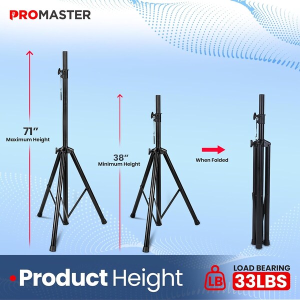 Promaster Tripod Speaker Stand, Telescopic Adjustable, Non-Slip Feet, Safety Locks, Black - PRMSSTAN11