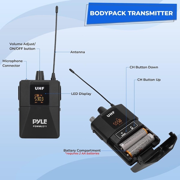 Pyle Dual Headset Wireless Microphone Kit - Includes Headset Mic, Lavalier Mic & Beltpack Transmitter - PDWMU211