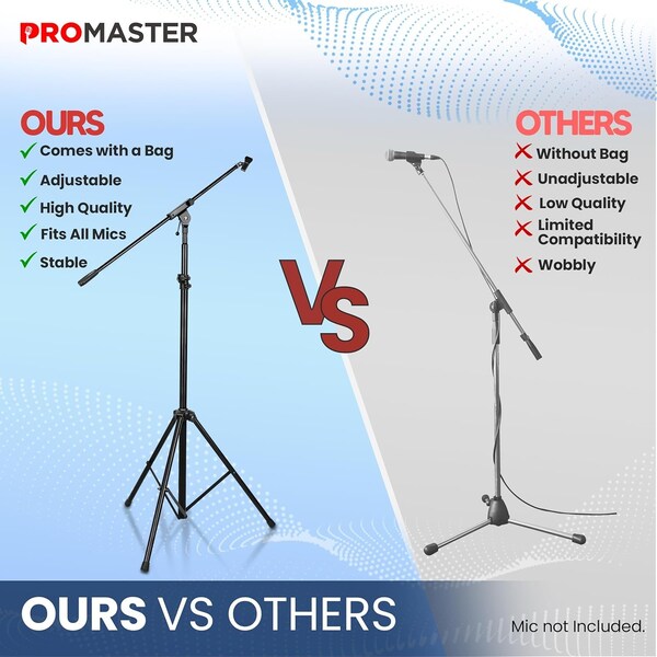 Promaster Tripod Microphone Stand, Adjustable Telescopic Gooseneck, Boom Arm, Universal 5/8in Adapter, Black - PRMSMICB